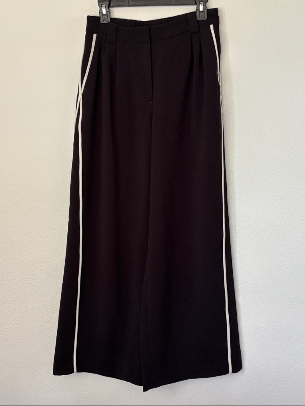 Express Black Wide Leg Trousers with White Side Piping High Rise Pockets